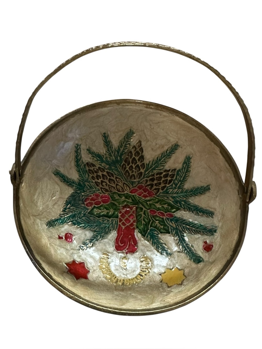 Vintage Brass Painted Basket Candle And Pinecone 5”
